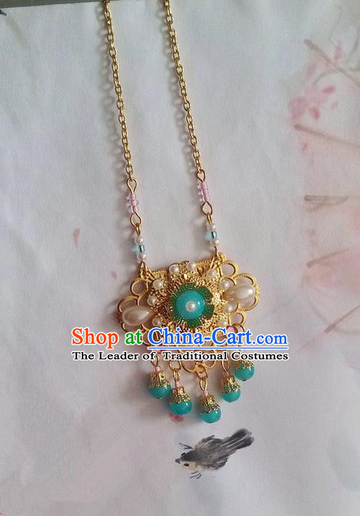 Traditional Handmade Chinese Ancient Classical Accessories Necklace Light Blue Pearl Longevity Lock for Women