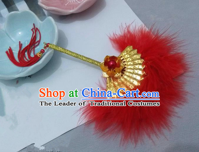 Traditional Chinese Handmade Ancient Hanfu Cosplay Red Feather Little Fan Props