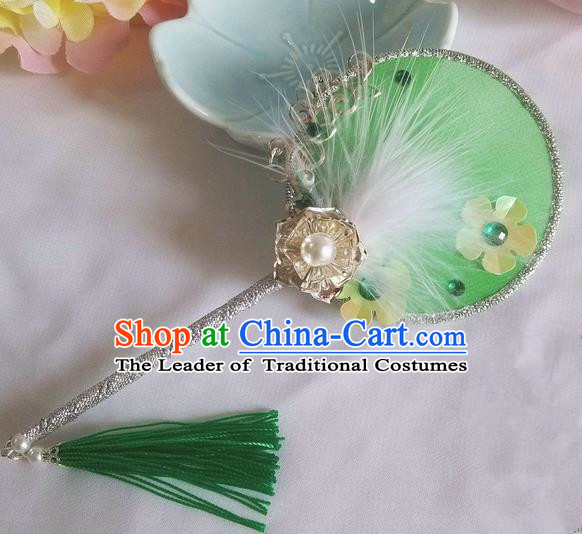 Traditional Chinese Handmade Ancient Hanfu Cosplay Green Feather Little Round Fan Props