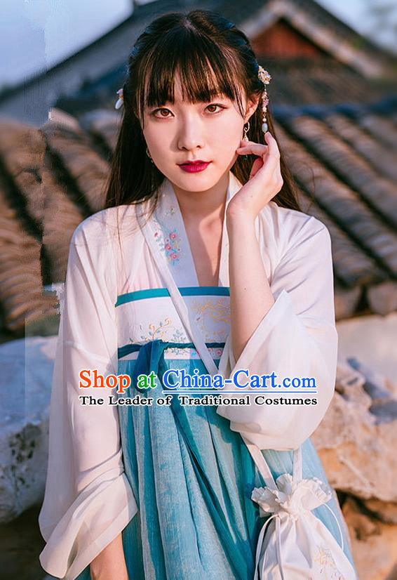 Traditional Ancient Chinese Female Costume Blue Blouse and Dress Complete Set, Elegant Hanfu Clothing Chinese Tang Dynasty Embroidered Palace Princess Clothing for Women