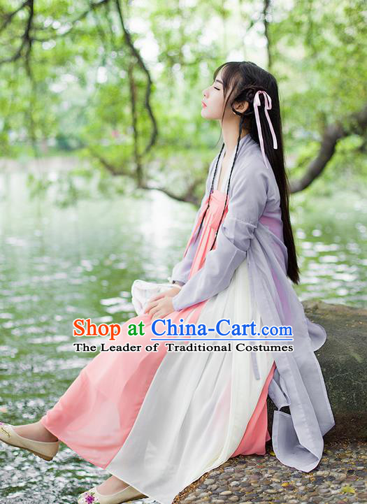 Traditional Ancient Chinese Female Costume Cardigan Blouse and Dress Complete Set, Elegant Hanfu Clothing Chinese Tang Dynasty Palace Princess Clothing for Women