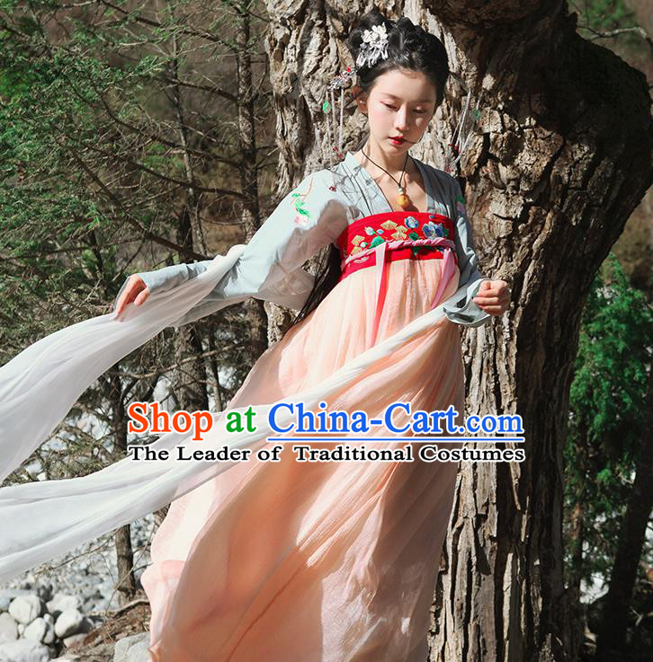 Traditional Ancient Chinese Female Costume Blouse and Dress Complete Set, Elegant Hanfu Clothing Chinese Tang Dynasty Embroidering Flower Palace Princess Clothing for Women