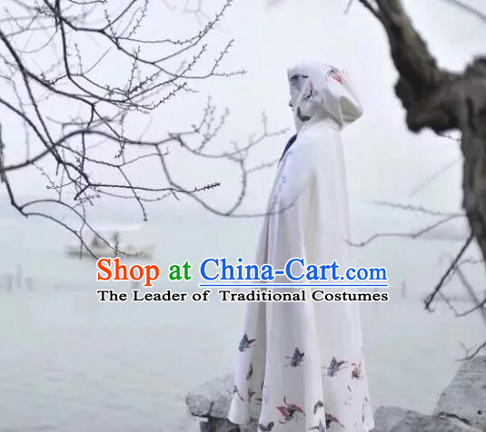 Traditional Ancient Chinese Female Costume Woolen Cardigan, Elegant Hanfu Long Cloak Chinese Ming Dynasty Palace Lady Embroidered Butterfly White Hooded Cape Clothing for Women