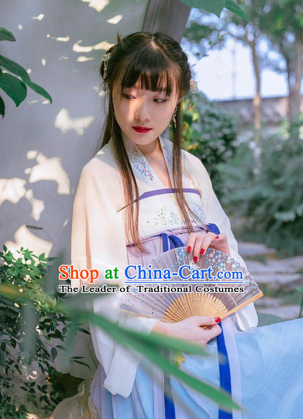 Traditional Ancient Chinese Female Costume Lilac Blouse and Dress Complete Set, Elegant Hanfu Clothing Chinese Tang Dynasty Embroidered Palace Princess Clothing for Women
