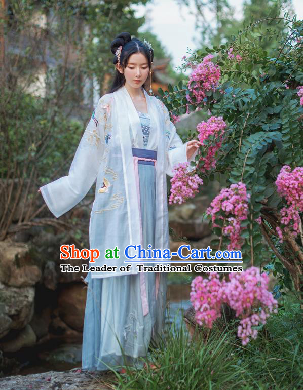 Traditional Ancient Chinese Female Costume Cardigan Blouse and Dress Complete Set, Elegant Hanfu Clothing Chinese Tang Dynasty Embroidered Colorful Butterfly Palace Princess Clothing for Women