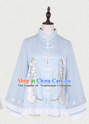 Traditional Ancient Chinese Female Costume Blue Short Blouse, Elegant Hanfu Clothing Chinese Song Dynasty Palace Princess Embroidered Convallaria Majalis Coat for Women