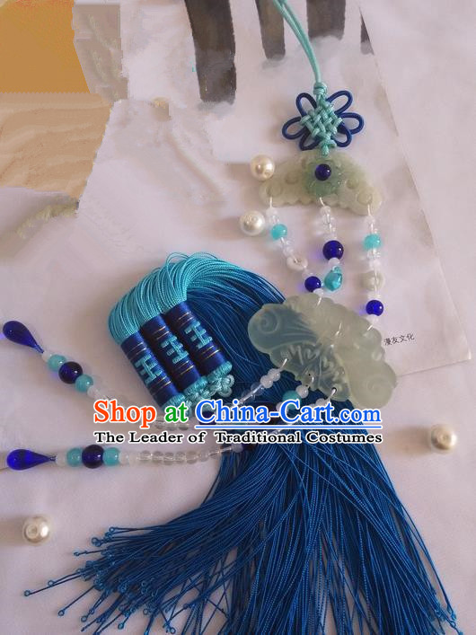 Traditional Chinese Handmade Ancient Hanfu Waist Jewelry Jade Wearing Blue Palace Agate Pendant Sword Tassel for Women
