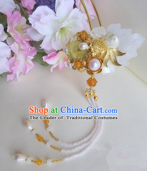 Traditional Handmade Chinese Ancient Princess Classical Accessories Jewellery Pure Copper Coloured Glaze Hair Sticks Pearl Hair Jewellery, Hair Fascinators Hairpins for Women
