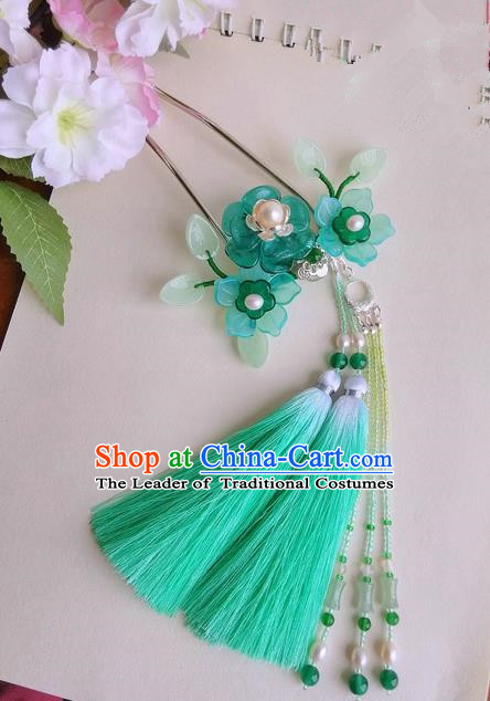 Traditional Handmade Chinese Ancient Princess Classical Accessories Jewellery Copper Pearl Coloured Glaze Hair Sticks Hair Jewellery, Green Tassel Hair Fascinators Hairpins for Women