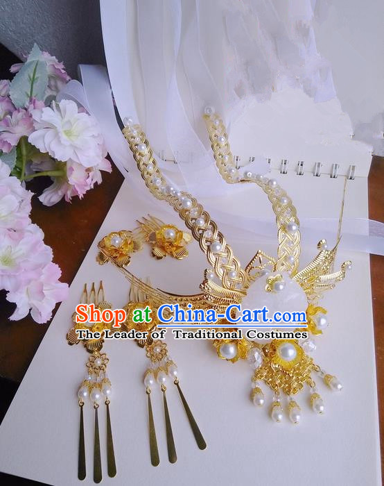 Traditional Handmade Chinese Ancient Classical Hair Accessories Complete Set, Pearl Hair Sticks Tassel Hair Jewellery, Hair Fascinators Hairpins for Women