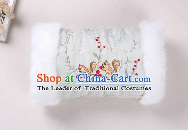 Traditional Ancient Chinese Embroidered Hanfu Muff Embroidered Squirrel Green Handwarmers for Women