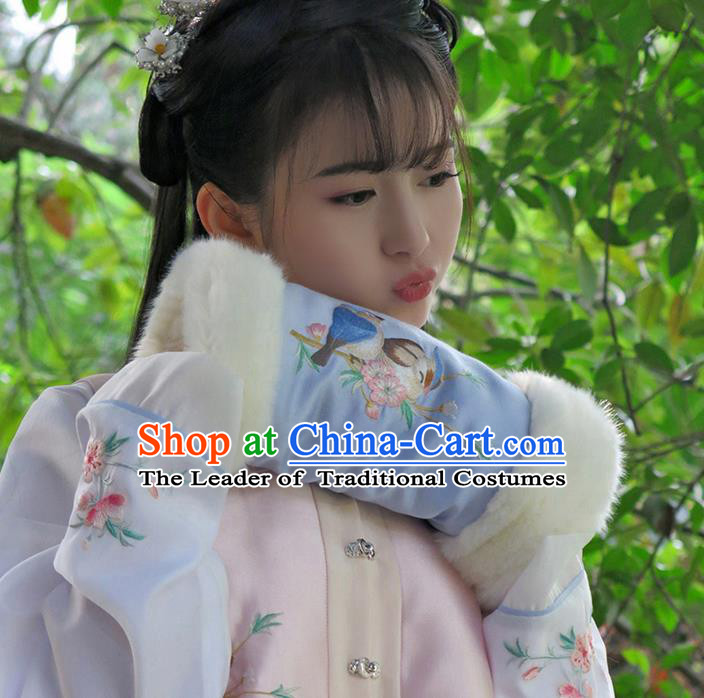 Traditional Ancient Chinese Embroidered Hanfu Muff Embroidered Bird Blue Handwarmers for Women