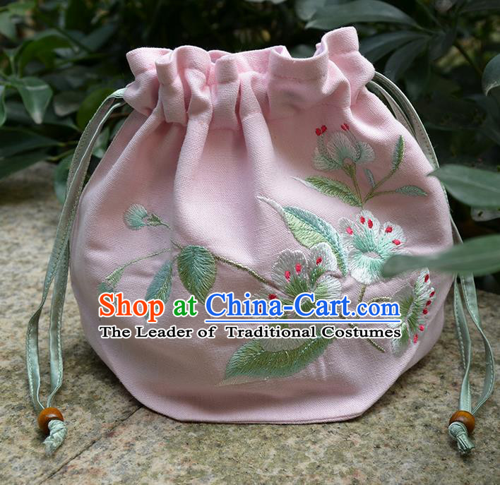 Traditional Ancient Chinese Embroidered Hanfu Handbags Double Size Embroidered Pink Bag for Women