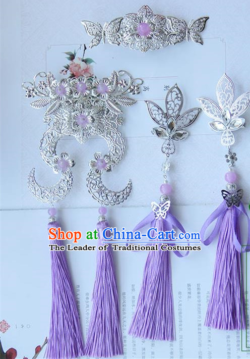 Traditional Handmade Chinese Ancient Princess Classical Hair Accessories Jewellery Complete Set, Hair Crown Tassel Hair Claws, Hair Fascinators Hairpins for Women