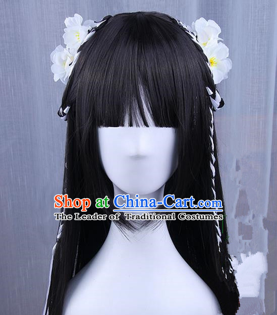 Traditional Handmade Ancient Chinese Han Dynasty Princess Hair Decoration and Wig Complete Set, Ancient Chinese Young Lady Headwear and Wig for Women