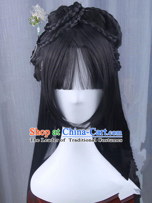 Traditional Handmade Ancient Chinese Han Dynasty Princess Hair Decoration and Wig Complete Set, Ancient Chinese Young Lady Headwear and Wig for Women