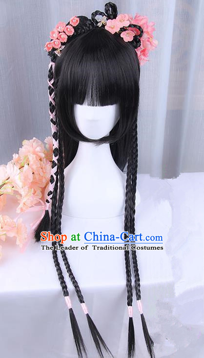 Traditional Handmade Ancient Chinese Han Dynasty Imperial Princess Hair Decoration and Wig Complete Set, Ancient Chinese Palace Young Lady Headwear and Wig for Women