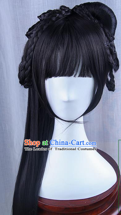 Traditional Handmade Ancient Chinese Tang Dynasty Princess Wig, Ancient Chinese Palace Young Lady Long Wig for Women