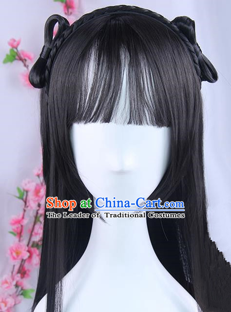 Traditional Handmade Ancient Chinese Tang Dynasty Princess Wig, Ancient Chinese Palace Young Lady Long Wig for Women