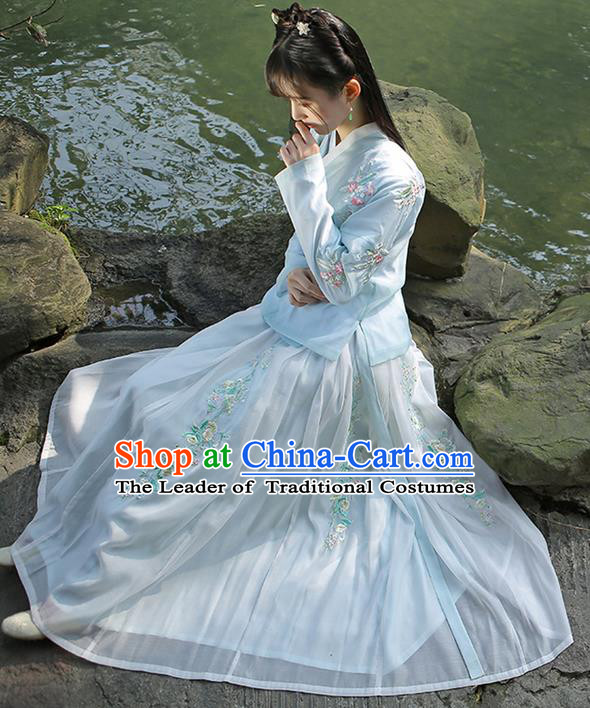 Traditional Ancient Chinese Female Costume Embroidered Flowers Blouse and Dress Complete Set, Elegant Hanfu Clothing Chinese Ming Dynasty Embroidered Palace Princess Clothing for Women