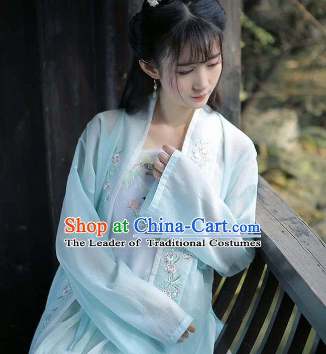 Traditional Ancient Chinese Female Costume Embroidered Flowers Blue Cardigan, Elegant Hanfu Clothing Chinese Ming Dynasty Embroidered Palace Princess Dress for Women