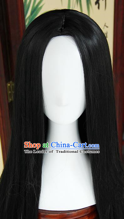 Traditional Handmade Ancient Chinese Tang Dynasty Imperial Princess Wig, Ancient Chinese Cosplay Fairy Palace Young Lady Straight Hair Wig for Women