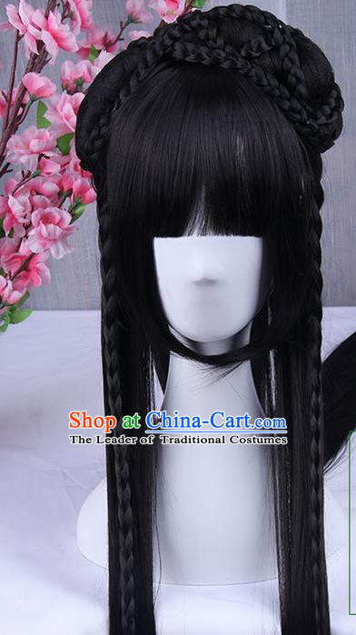 Traditional Handmade Ancient Chinese Han Dynasty Imperial Princess Wig, Ancient Chinese Cosplay Fairy Palace Young Lady Hair Wig for Women