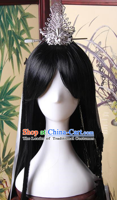 Traditional Handmade Ancient Chinese Tang Dynasty Imperial Prince Hair Decoration and Wig Complete Set, Ancient Chinese Swordsman Headwear and Wig for Men