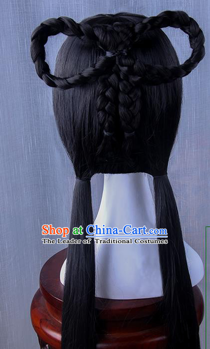 Traditional Handmade Ancient Chinese Han Dynasty Imperial Princess Fairy Hanfu Wig, Ancient Chinese Cosplay Fairy Palace Young Lady Hair Wig for Women