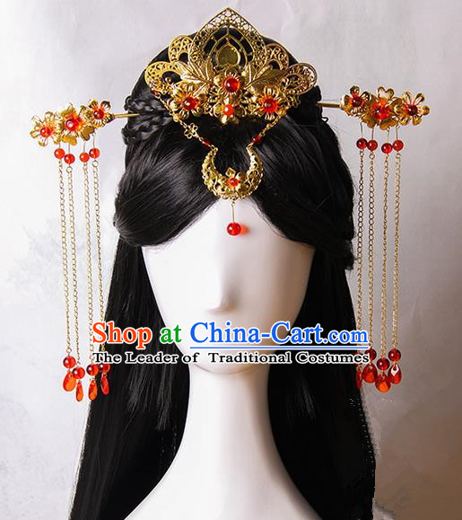 Traditional Handmade Ancient Chinese Tang Dynasty Imperial Empress Wedding Hair Decoration and Wig Complete Set, Ancient Chinese Cosplay Fairy Queen Bride Headwear and Wig for Women