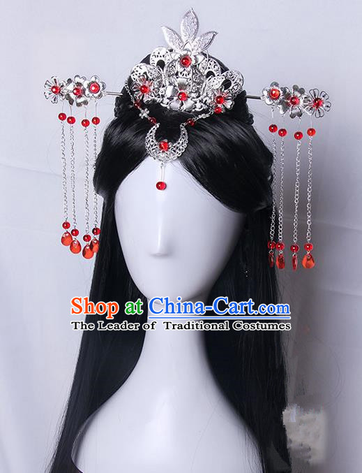 Traditional Handmade Ancient Chinese Tang Dynasty Imperial Princess Wedding Hair Decoration and Wig Complete Set, Ancient Chinese Cosplay Fairy Queen Bride Headwear and Wig for Women