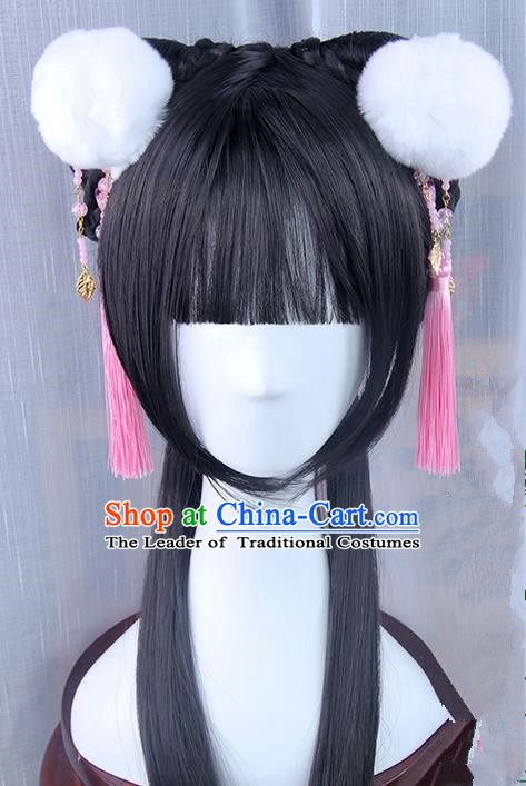 Traditional Handmade Ancient Chinese Han Dynasty Imperial Princess Hair Decoration and Hair Wig Complete Set, Ancient Chinese Young Lady Headwear and Wig for Women