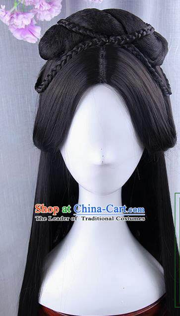 Traditional Handmade Ancient Chinese Han Dynasty Imperial Princess Wig, Ancient Chinese Hanfu Cosplay Fairy Palace Lady Queen Wig for Women