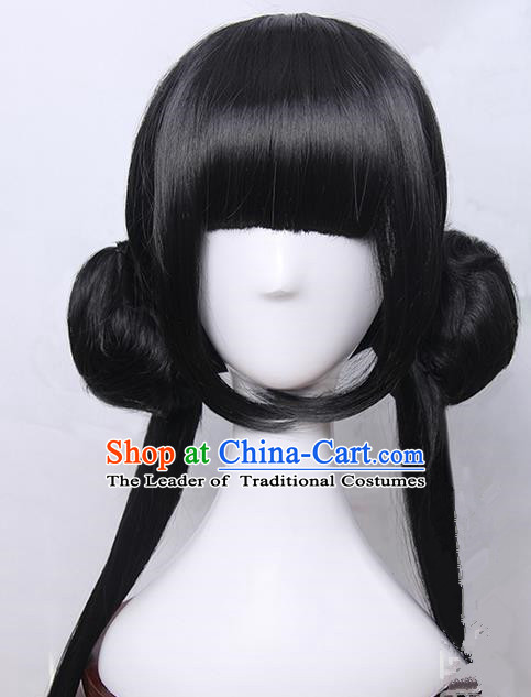 Traditional Handmade Ancient Chinese Han Dynasty Imperial Princess Wig, Ancient Chinese Hanfu Cosplay Fairy Young Lady Swordsman Wig for Women