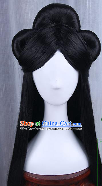 Traditional Handmade Ancient Chinese Han Dynasty Imperial Princess Wig, Ancient Chinese Hanfu Cosplay Fairy Queen Young Lady Wig for Women