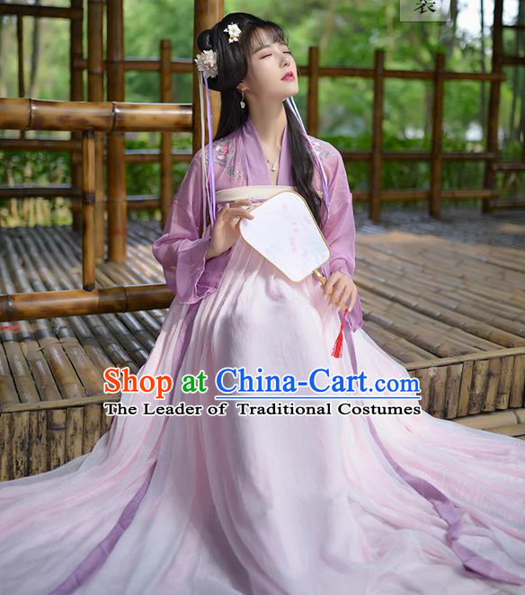 Traditional Ancient Chinese Female Costume Embroidered Flowers Dress Complete Set, Elegant Hanfu Clothing Chinese Tang Dynasty Embroidered Palace Princess Clothing for Women