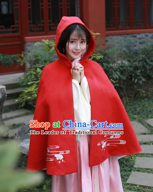 Traditional Ancient Chinese Female Costume Embroidered Flowers Short Cloak, Elegant Hanfu Mantle Clothing Chinese Ming Dynasty Embroidered Palace Princess Red Hooded Cape Clothing for Women