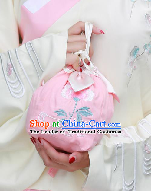 Traditional Ancient Chinese Female Embroidered Flowers Handbags, Elegant Hanfu Ming Dynasty Embroidered Palace Princess Pink Bag for Women