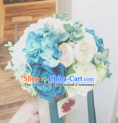 Top Grade Classical Wedding Silk Flowers, Bride Holding Emulational Blue Hydrangea Rose Flowers, Hand Tied Bouquet Flowers for Women