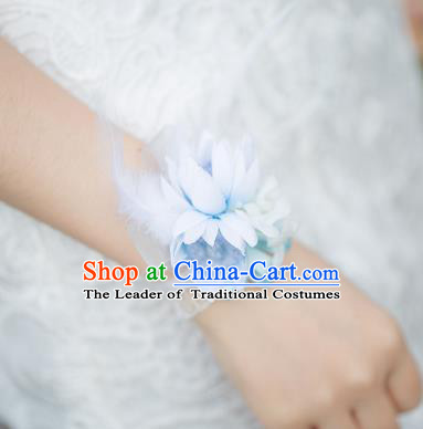 Top Grade Classical Wedding Silk Flowers, Bride Emulational Wrist Flowers Bridesmaid Bracelet Blue Feather Flowers for Women