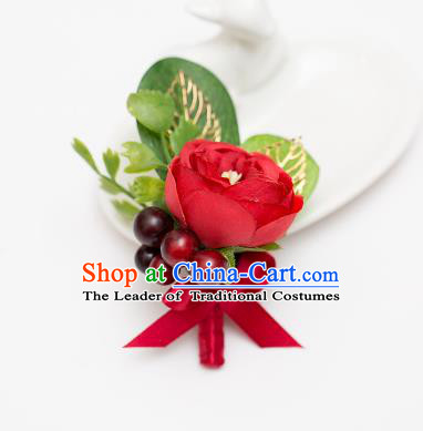 Top Grade Classical Wedding Silk Flowers,Groom Emulational Corsage Groomsman Red Brooch Flowers for Men