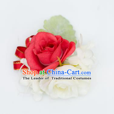 Top Grade Classical Wedding Silk Flowers, Bride Emulational Wrist Flowers Bridesmaid Bracelet Red Flowers for Women