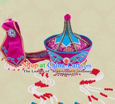 Traditional Chinese Mongol Nationality Dancing Accessories Headdress, Mongolian Folk Dance Ethnic Headwear China Minority Palace Princess Dance Purple Hat for Women