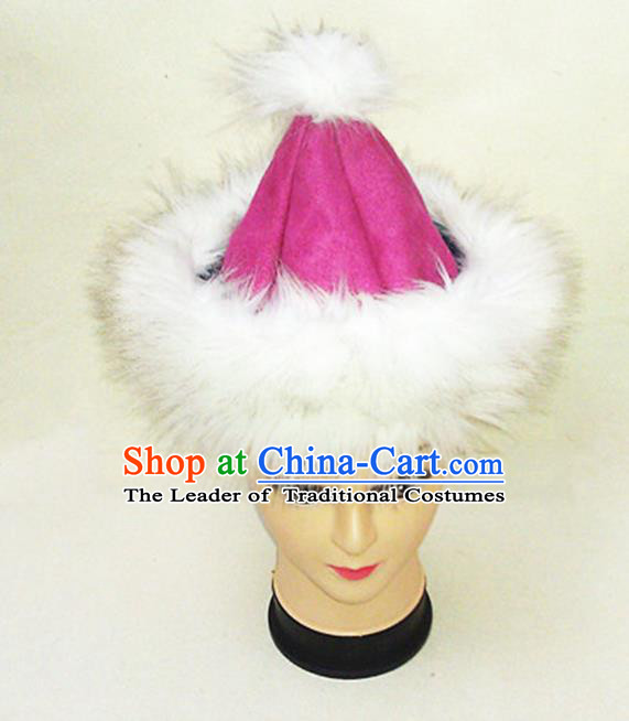 Traditional Chinese Mongol Nationality Dancing Accessories Headdress, Mongolian Folk Dance Ethnic Children Headwear China Mongolian Minority Palace Princess Pink Deer Velvet Hat for Kids