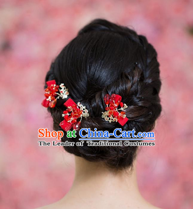 Handmade Chinese Classical Hair Accessories Wedding Hair Sticks Hair Jewellery, Bride Royal Crown Xiuhe Suit Red Hair Clasp for Women