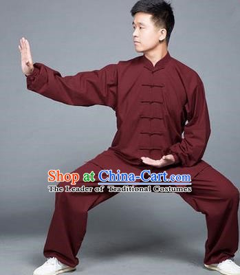Traditional Chinese Top Flax Kung Fu Costume Martial Arts Kung Fu Training Red Uniform, Tang Suit Gongfu Shaolin Wushu Clothing, Tai Chi Taiji Teacher Suits Uniforms for Men