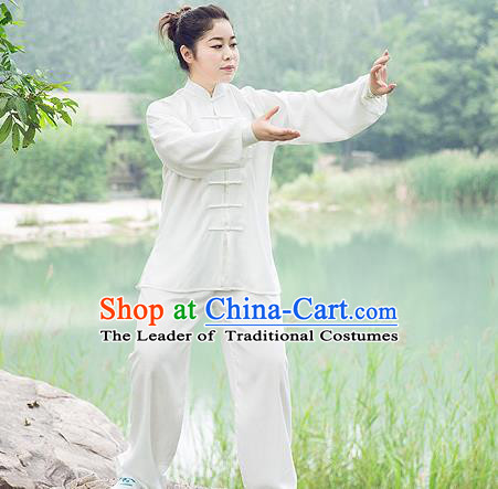 Traditional Chinese Top Linen Kung Fu Costume Martial Arts Kung Fu Training White Uniform, Tang Suit Gongfu Shaolin Wushu Clothing, Tai Chi Taiji Teacher Suits Uniforms for Women