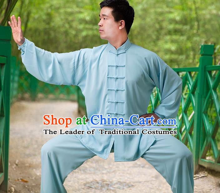 Traditional Chinese Top Silk Cotton Kung Fu Costume Martial Arts Kung Fu Training Long Sleeve Blue Uniform, Tang Suit Gongfu Shaolin Wushu Clothing, Tai Chi Taiji Teacher Suits Uniforms for Men