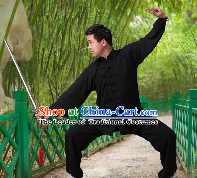 Traditional Chinese Top Silk Cotton Kung Fu Costume Martial Arts Kung Fu Training Long Sleeve Black Uniform, Tang Suit Gongfu Shaolin Wushu Clothing, Tai Chi Taiji Teacher Suits Uniforms for Men