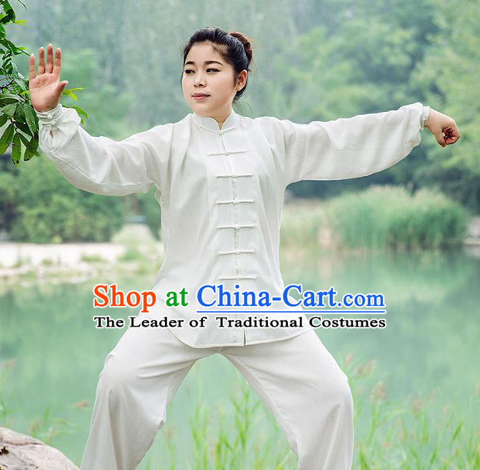 Traditional Chinese Top Silk Cotton Kung Fu Costume Martial Arts Kung Fu Training Long Sleeve White Uniform, Tang Suit Gongfu Shaolin Wushu Clothing, Tai Chi Taiji Teacher Suits Uniforms for Women